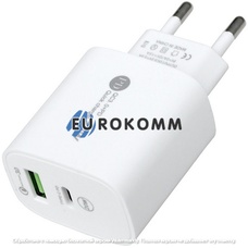 Сетевое зарядное устройство гнездо USB + гнездо USB type C, QuickCharge 3.0+ PD, 20W, 5V~3.5A, 9V~2A, 12V~1.5A, белое