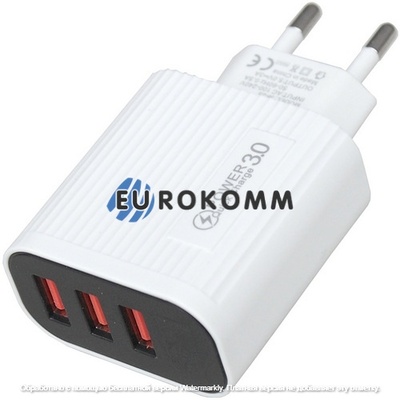 Сетевое зарядное устройство на 3 гнезда USB + LCD, QuickCharge 3.0, 5V~3А, белое