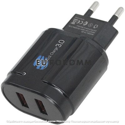 Сетевое зарядное устройство на 2 гнезда USB, QuickCharge 3.0, 5V~3.5A(max), чёрное