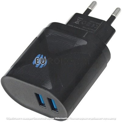 Сетевое зарядное устройство на 2 гнезда USB, 5V~2А, чёрное