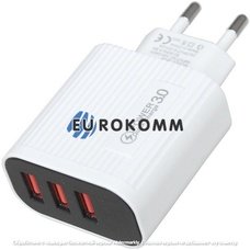 Сетевое зарядное устройство на 3 гнезда USB + LCD, QuickCharge 3.0, 5V~3А, белое
