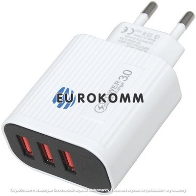 Сетевое зарядное устройство на 3 гнезда USB + LCD, QuickCharge 3.0, 5V~3А, белое