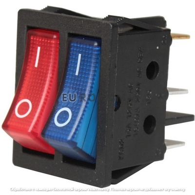 Переключатель Daier KCD2-4-2101N, двойной, с подсветкой, ON-OFF, 6pin, 15A 250V, красный+синий