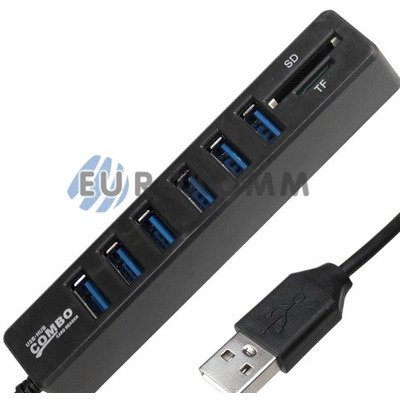 USB HUB на 6 портов USB 3.0, с картридером, в блистере