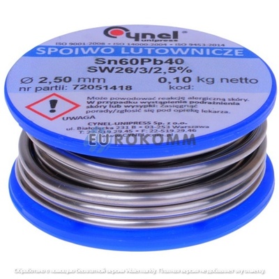 Припой Cynel Sn60Pb40-SW26, диам.-2.5мм, 100г, на катушке