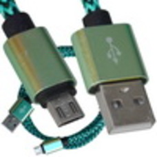 Шнур компьютерный штекер USB А - штекер miсro USB (Samsung), 2.1А, сетка, диам.-4,5мм, 1м, зелёный