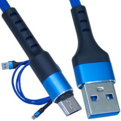 Шнур компьютерный штекер USB А - штекер miсro USB (Samsung), сетка, диам.-4,5мм, 1м, синий