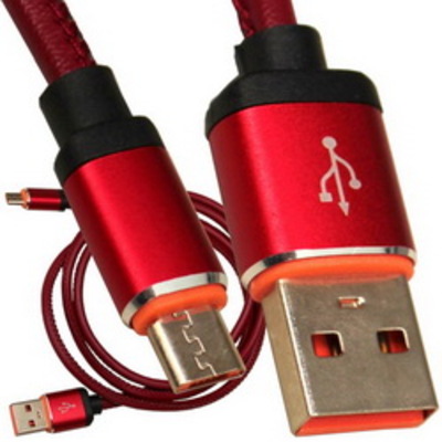 Шнур компьютерный штекер USB А - штекер miсro USB Samsung, кожзам, 1м, красный