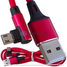 Шнур компьютерный штекер USB А - штекер micro USB угловой, в сетке, 1м, красный
