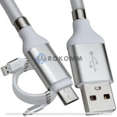 Шнур штекер USB А - штекер micro USB, магнитная смотка, 1м, белый