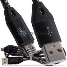 Шнур компьютерный штекер USB А - штекер micro USB, в сетке, 1м, чёрный