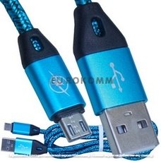 Шнур компьютерный штекер USB А - штекер micro USB, в сетке, 1м, синий