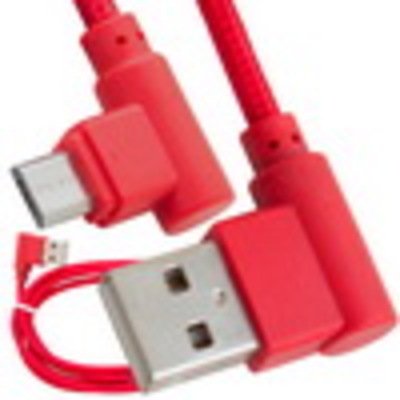 Шнур компьютерный штекер USB А угловой - штекер micro USB угловой, в сетке, 1м, красный