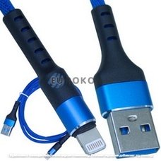 Шнур компьютерный штекер USB А - штекер iPhone 6, сетка, диам.-4,5мм, 1м, синий