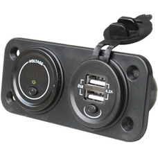 Гнездо USB двойное 5V 4,2А с кнопкой + вольметр 12-24V с кнопкой, на панели