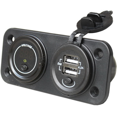 Гнездо USB двойное 5V 4,2А с кнопкой + вольметр 12-24V с кнопкой, на панели