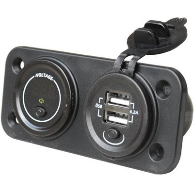 Гнездо USB двойное 5V 4,2А с кнопкой + вольметр 12-24V с кнопкой, на панели