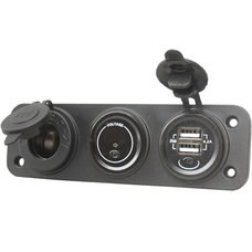 Гнездо USB двойное 5V 4,2А с кнопкой + вольтметр 12-24V с кнопкой + гнездо прикуривателя, на панели