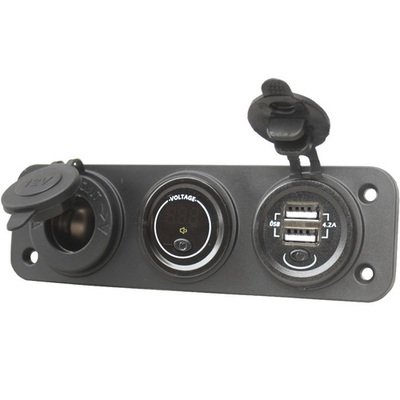 Гнездо USB двойное 5V 4,2А с кнопкой + вольтметр 12-24V с кнопкой + гнездо прикуривателя, на панели