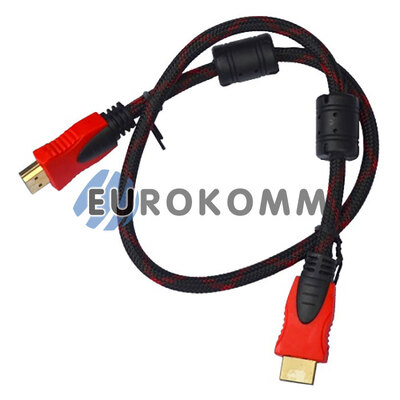 Кабель (шнур) HDMI - HDMI (v1.4, з фільтрами, в обплетенні, чорно-червоний, 0.8м)